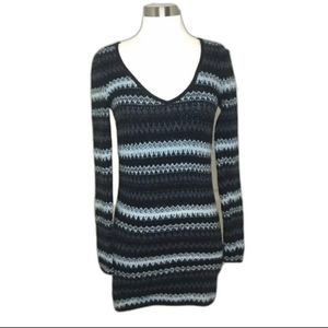 Free People ZigZag Black/Blue Knit Sweater Minidress Tunic, Size L